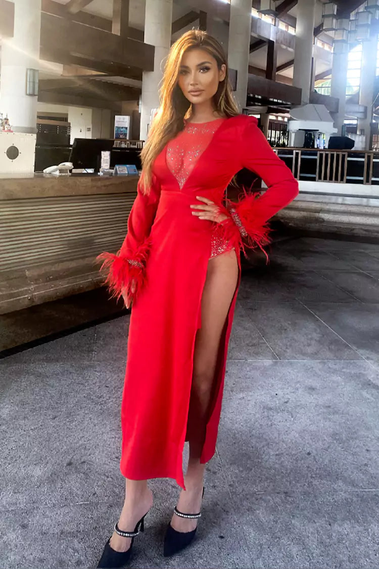 Charlee Red Feather Diamante Dress
