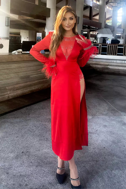 Charlee Red Feather Diamante Dress