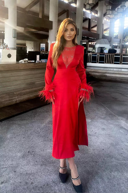 Charlee Red Feather Diamante Dress