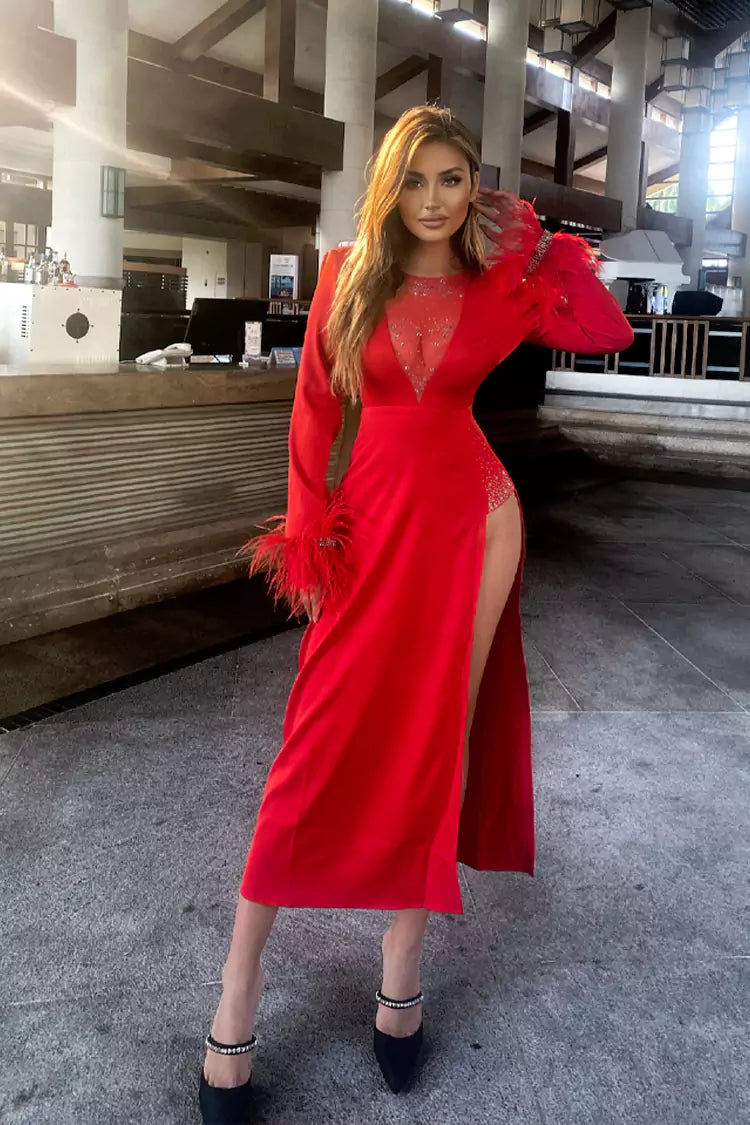 Charlee Red Feather Diamante Dress
