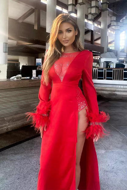 Charlee Red Feather Diamante Dress