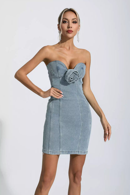 Charleigh Denim Blue Flower Embellished Dress