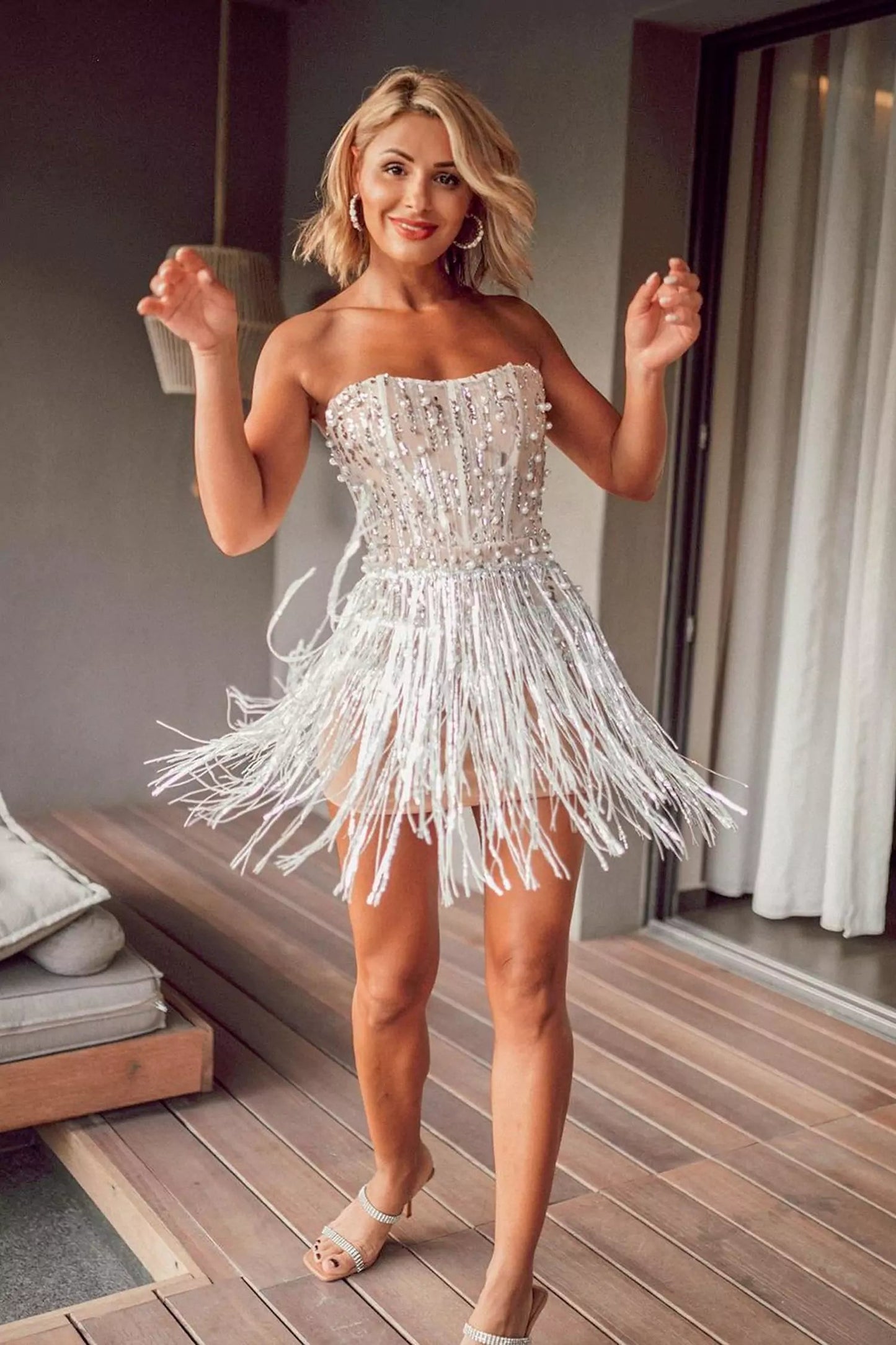 Charli Pearl Sequin Tassel Mini Dress-Silver