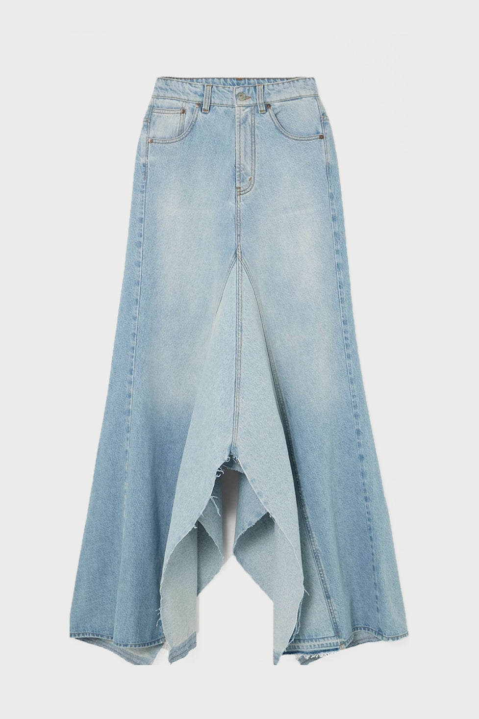 Charlia Paneled Frayed Denim Skirt