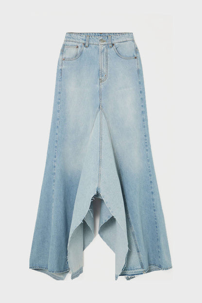 Charlia Paneled Frayed Denim Skirt
