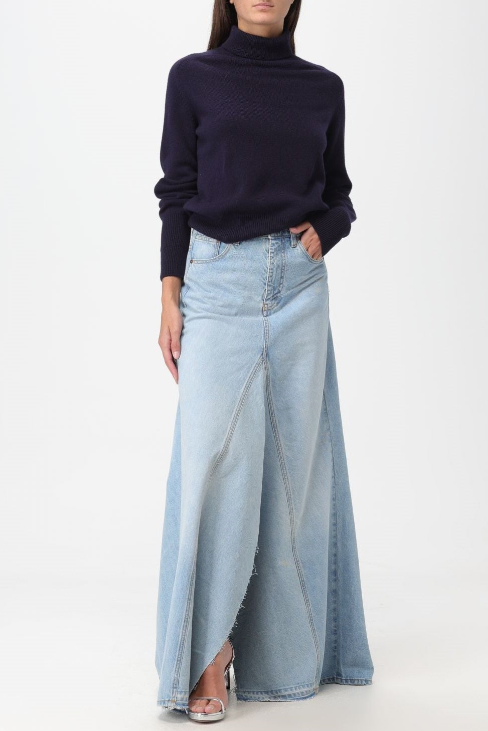 Charlia Paneled Frayed Denim Skirt