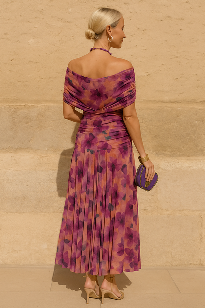 Women's Deep V-Neck Floral Midi Dress – Elegant Cocktail Party Fit