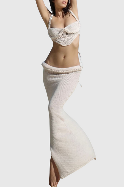 Chaylee Crochet Rope Corset Two Piece Set - Beige