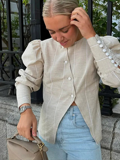 Bubble Sleeve Slanted Button Stripe Blouse