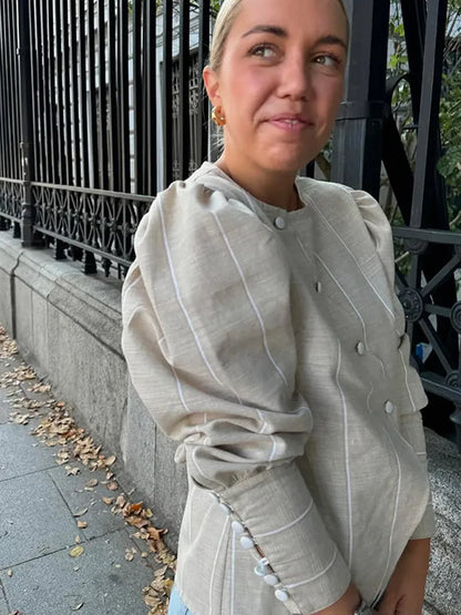 Bubble Sleeve Slanted Button Stripe Blouse