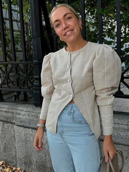 Bubble Sleeve Slanted Button Stripe Blouse