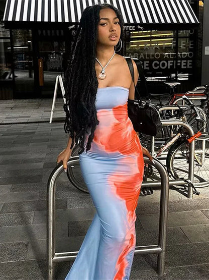 Chic Floral Strapless Midi Split Backless Dress