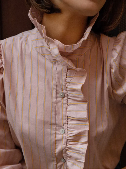 Pink Stripe Stand Collar Ruffled Blouse