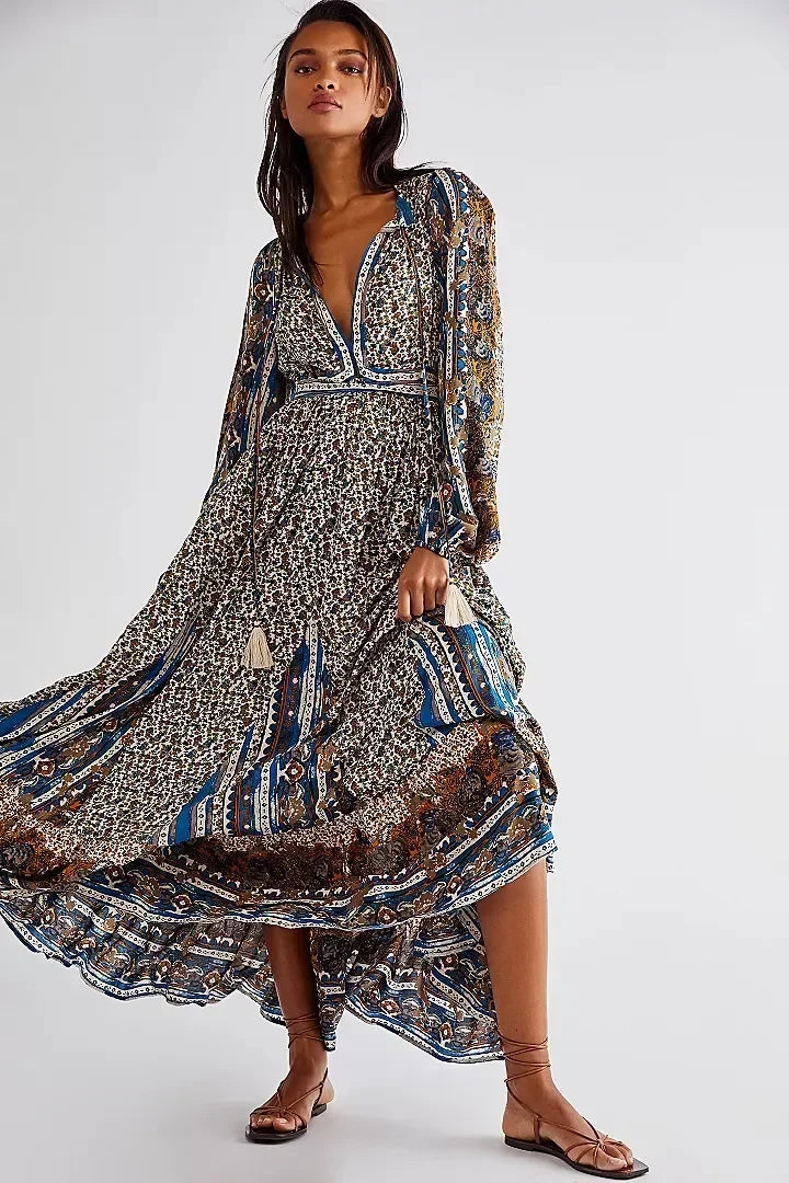 Solid Color V-neck Flare Sleeve Summer Boho Dress