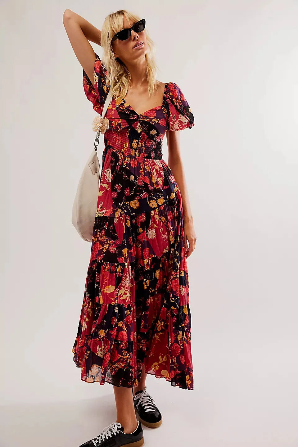 Chiffon Maxi Dress Floral Print Puff Sleeve