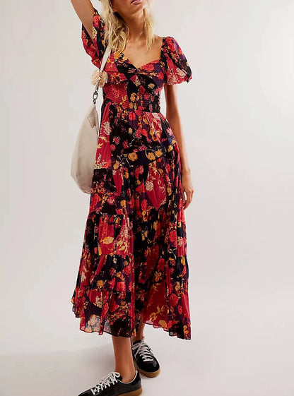 Chiffon Maxi Dress Floral Print Puff Sleeve
