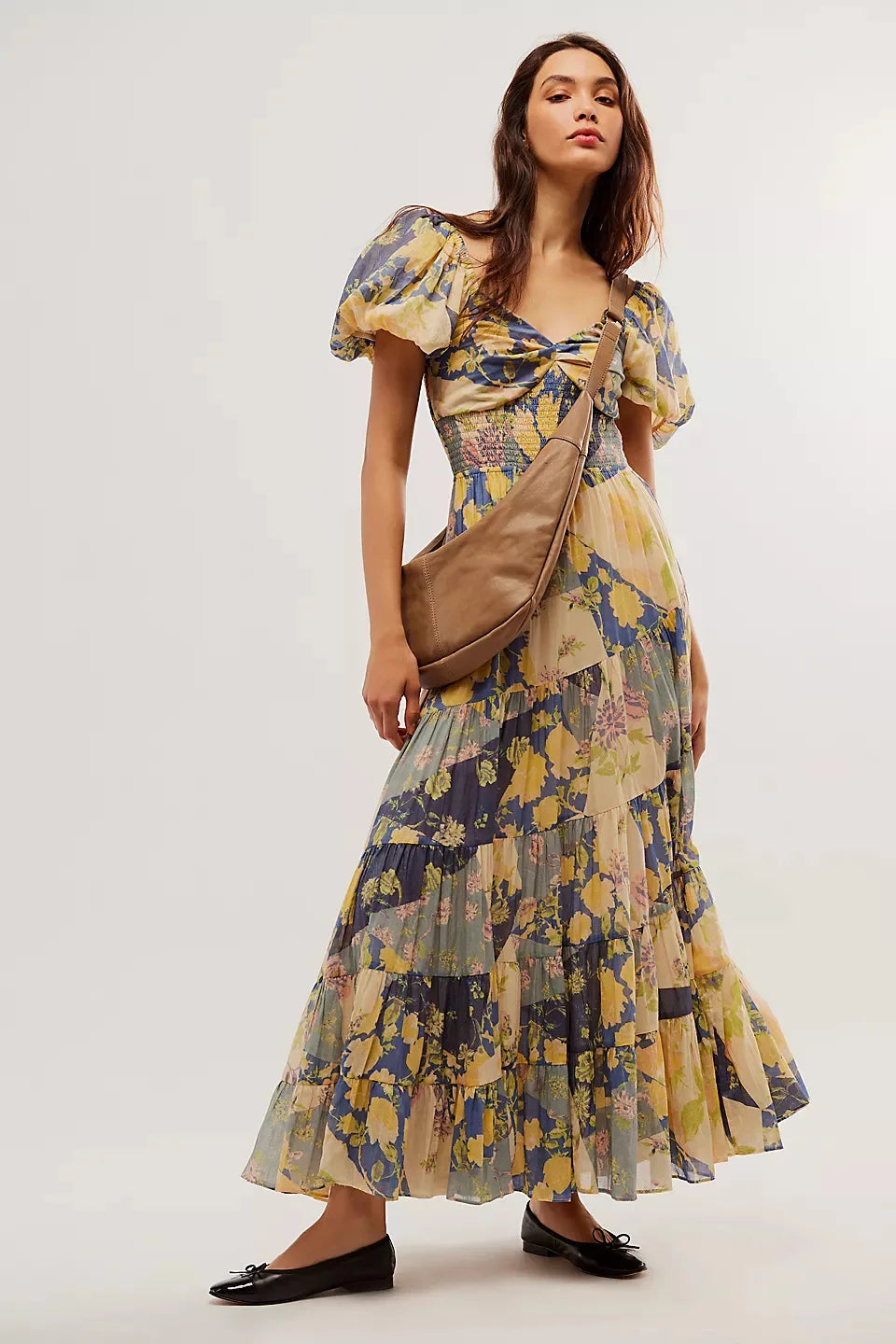 Chiffon Maxi Dress Floral Print Puff Sleeve