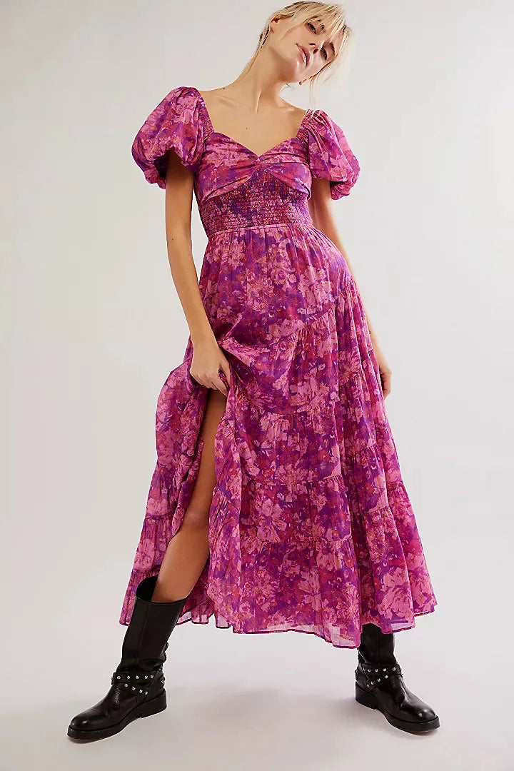 Chiffon Maxi Dress Floral Print Puff Sleeve