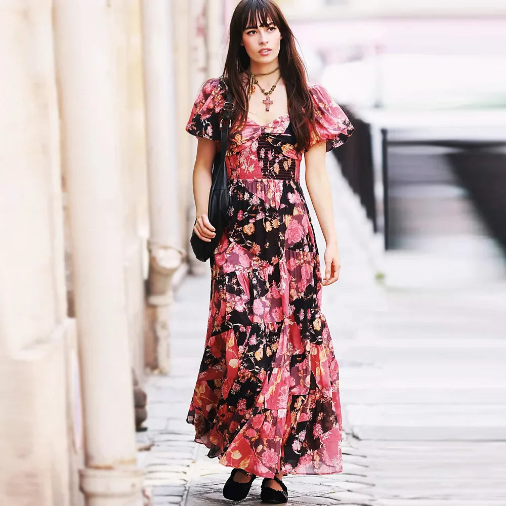 Chiffon Maxi Dress Floral Print Puff Sleeve