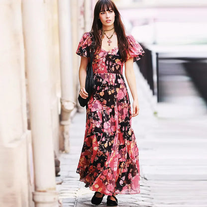 Chiffon Maxi Dress Floral Print Puff Sleeve