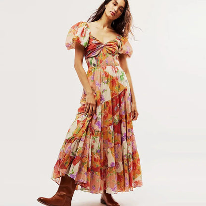 Chiffon Maxi Dress Floral Print Puff Sleeve