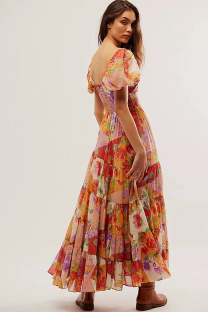 Chiffon Maxi Dress Floral Print Puff Sleeve