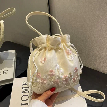 Retro Flower Embroidery Lace Drawstring Bucket Handbag