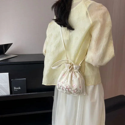 Retro Flower Embroidery Lace Drawstring Bucket Handbag