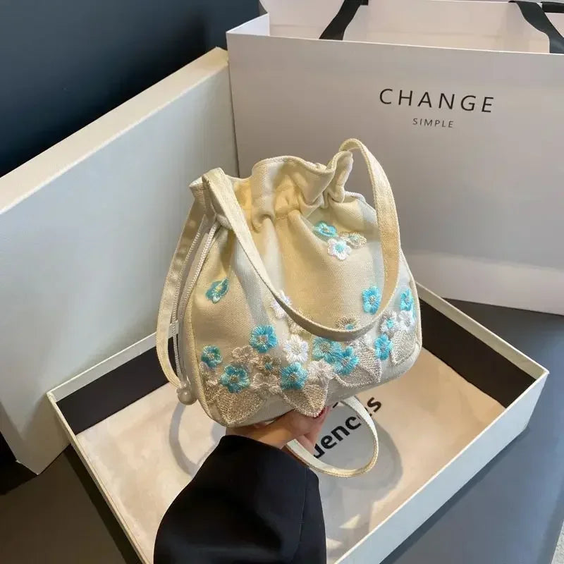 Retro Flower Embroidery Lace Drawstring Bucket Handbag
