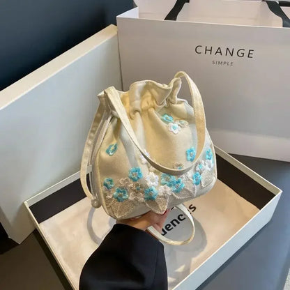 Retro Flower Embroidery Lace Drawstring Bucket Handbag