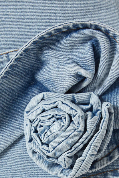 Christell Floral Appliqué Halter Denim Mini Dress