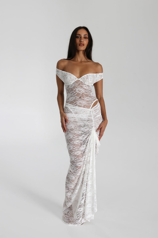 Christelle Off Shoulder Lace Skirt Set In White