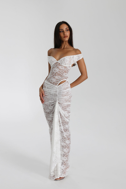 Christelle Off Shoulder Lace Skirt Set In White