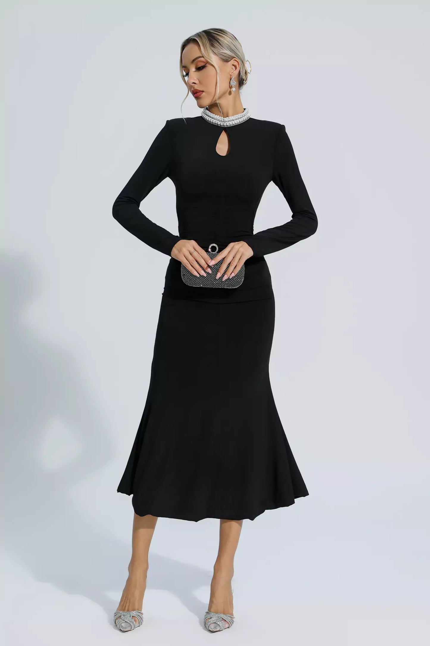 Christina Black Pearl Decorated Long Sleeve Dress