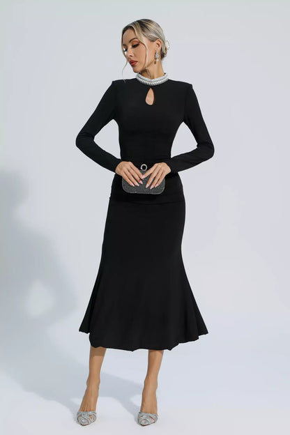 Christina Black Pearl Decorated Long Sleeve Dress