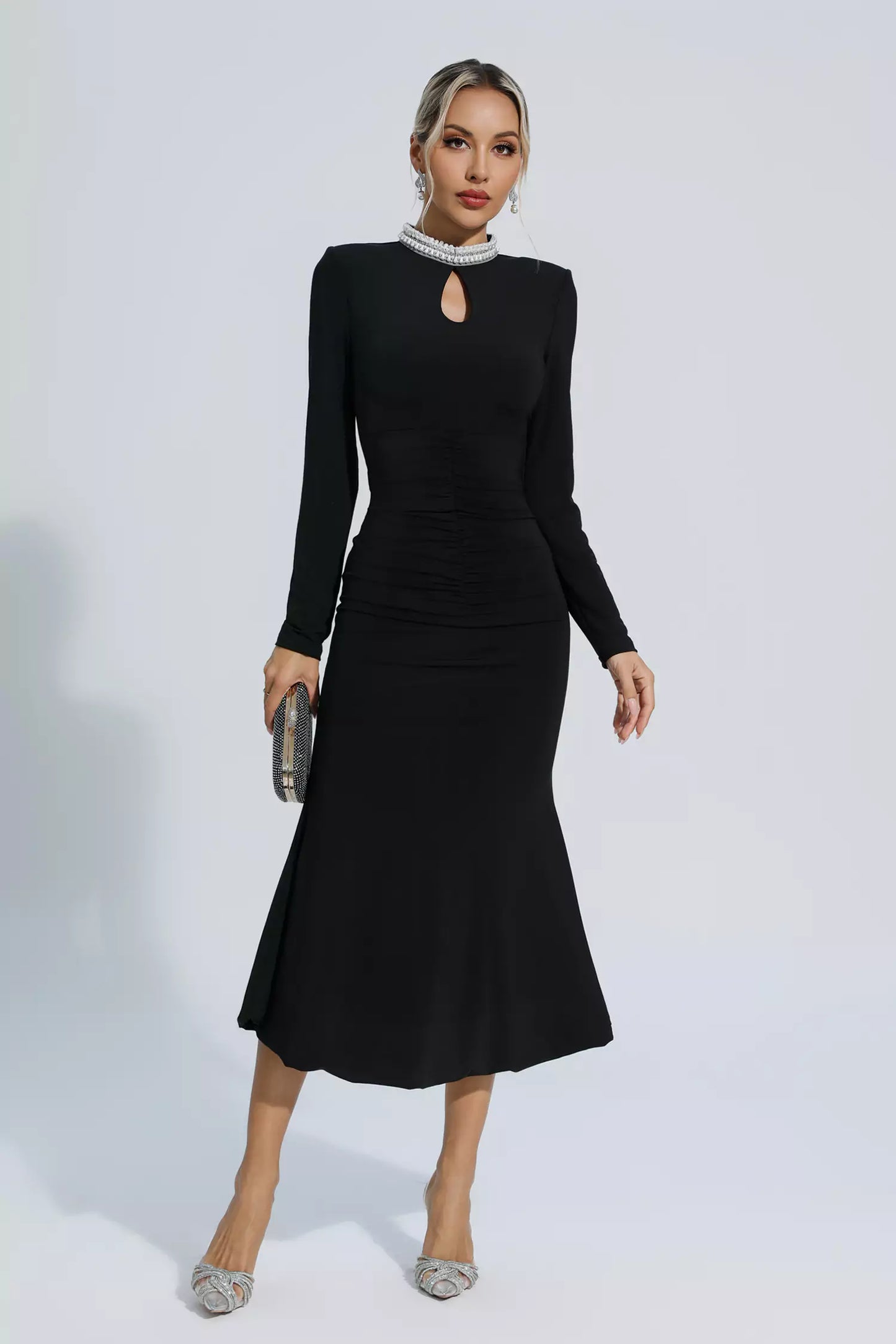 Christina Black Pearl Decorated Long Sleeve Dress