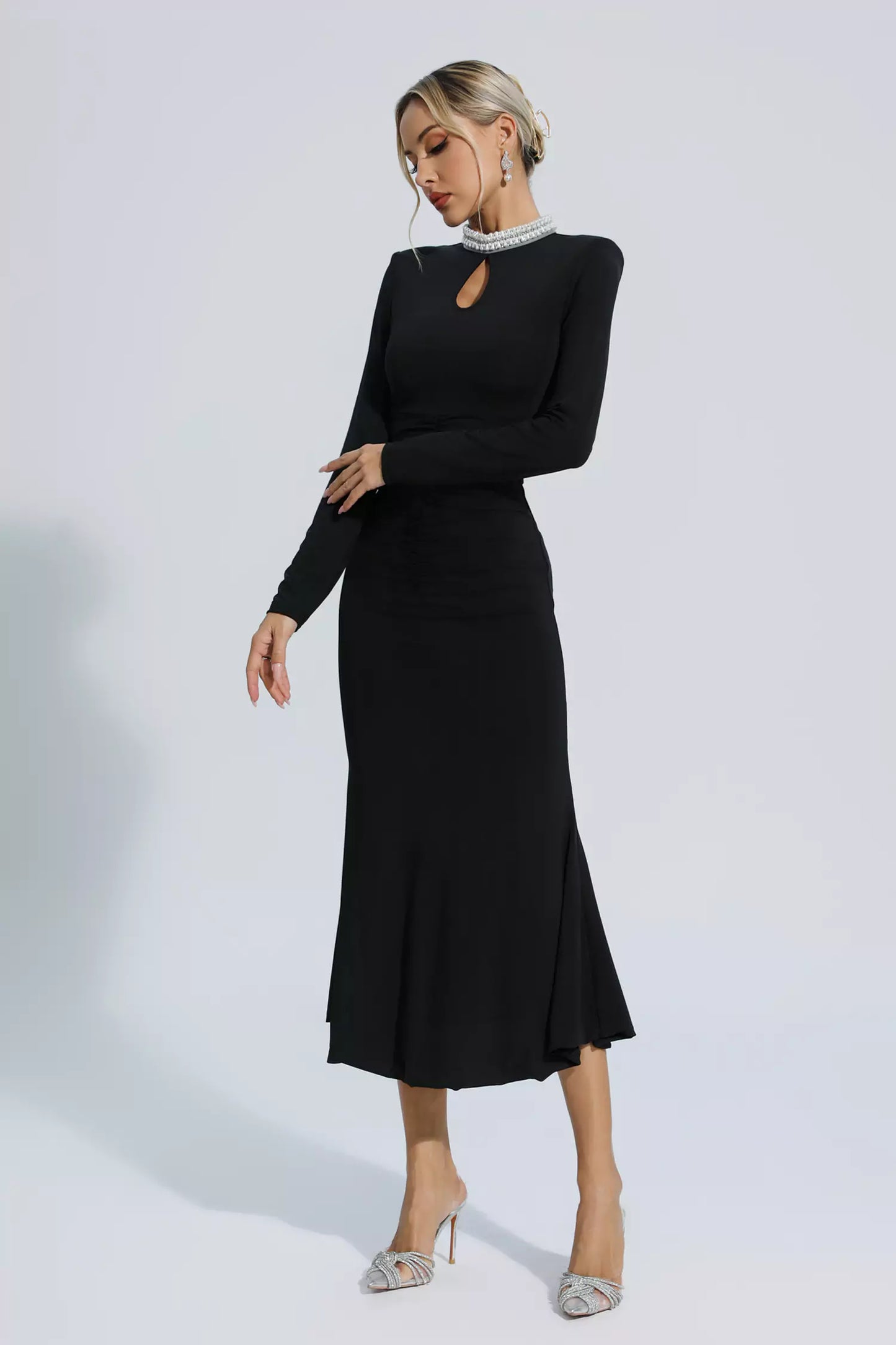 Christina Black Pearl Decorated Long Sleeve Dress