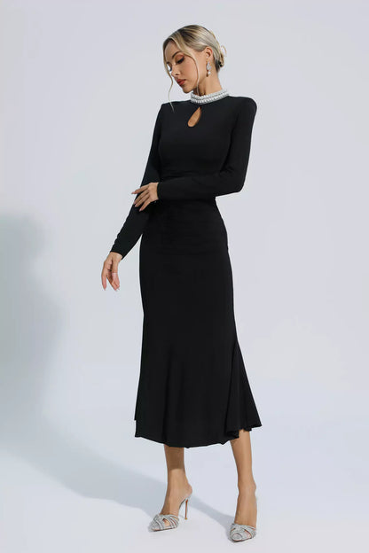 Christina Black Pearl Decorated Long Sleeve Dress