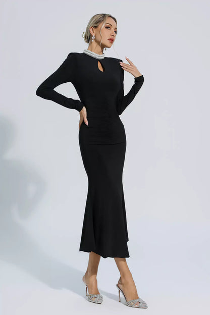Christina Black Pearl Decorated Long Sleeve Dress