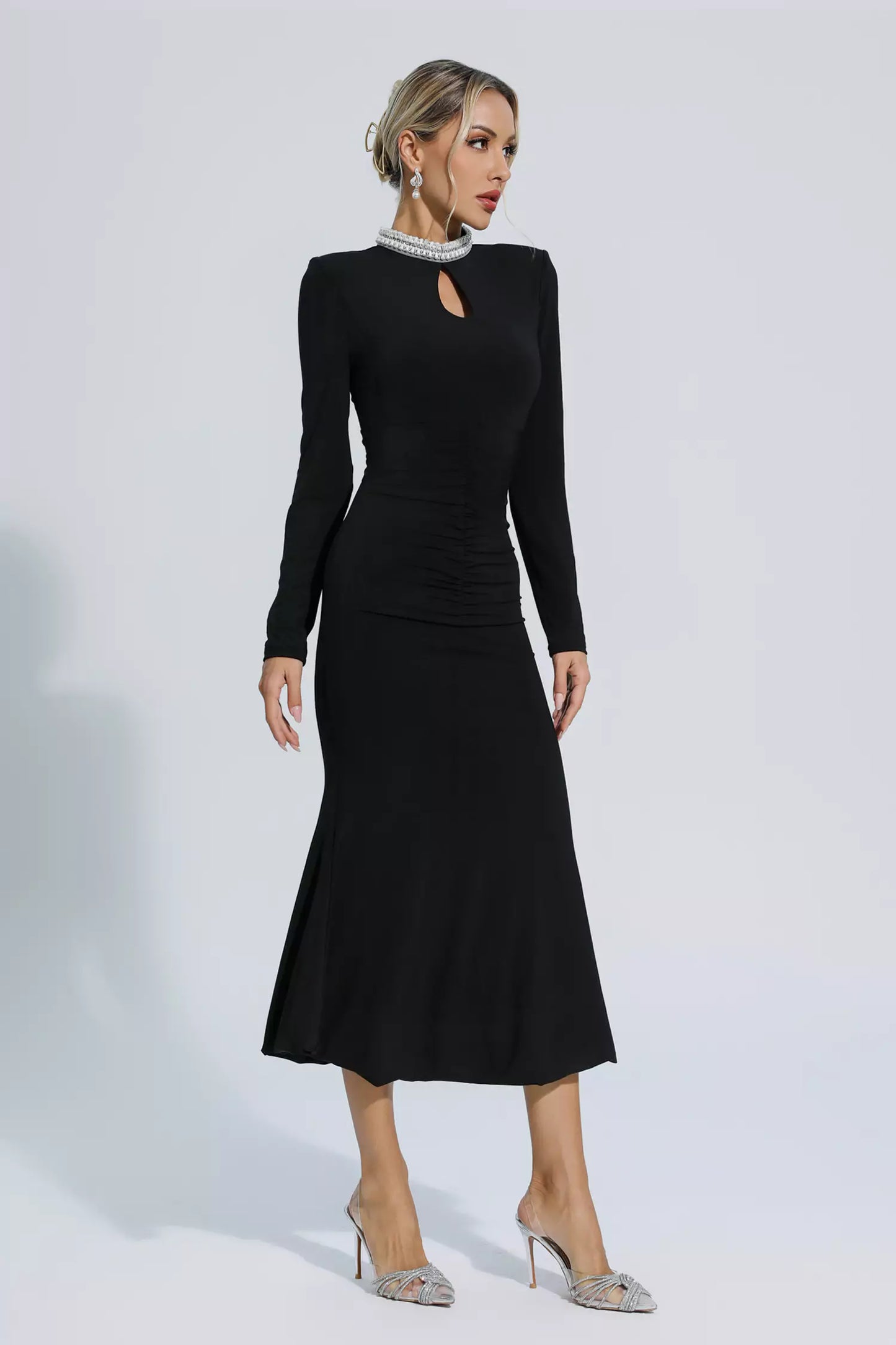 Christina Black Pearl Decorated Long Sleeve Dress