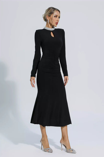 Christina Black Pearl Decorated Long Sleeve Dress
