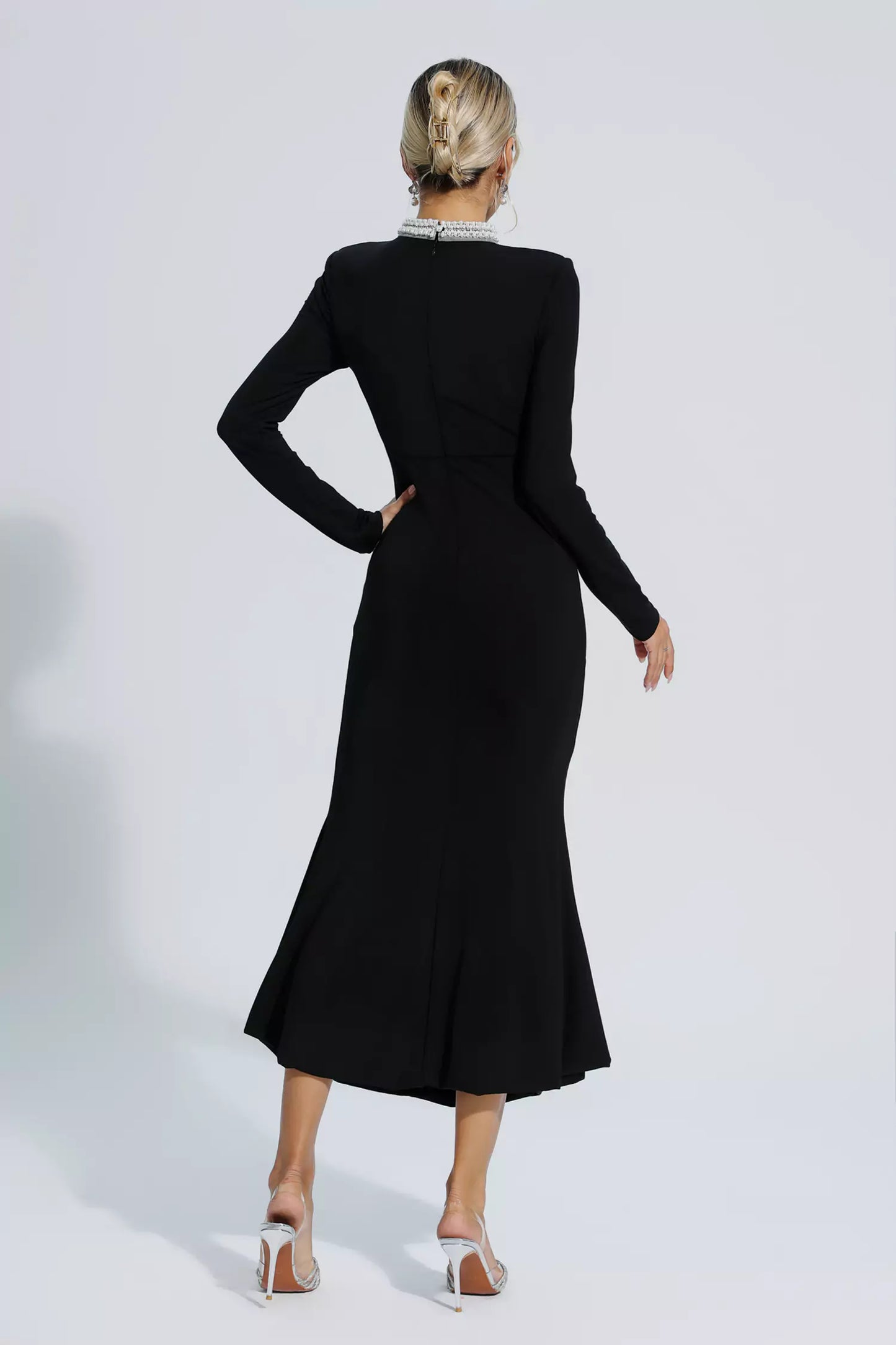 Christina Black Pearl Decorated Long Sleeve Dress