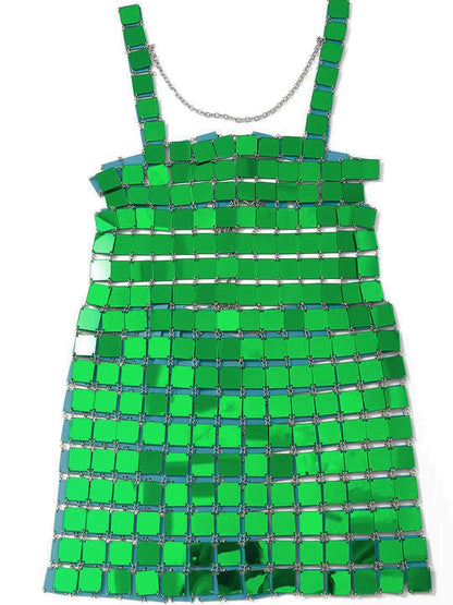 Square Neck Disc Sequin Chainmail Bodycon Mini Dress