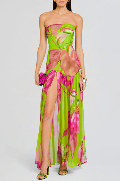 Shmaka Floral Print Strapless Slit Maxi Dress - Green
