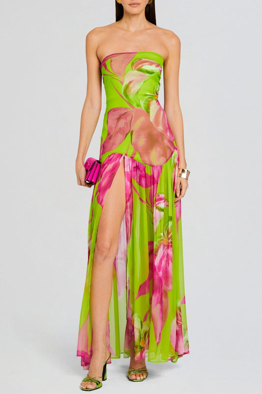 Shmaka Floral Print Strapless Slit Maxi Dress - Green