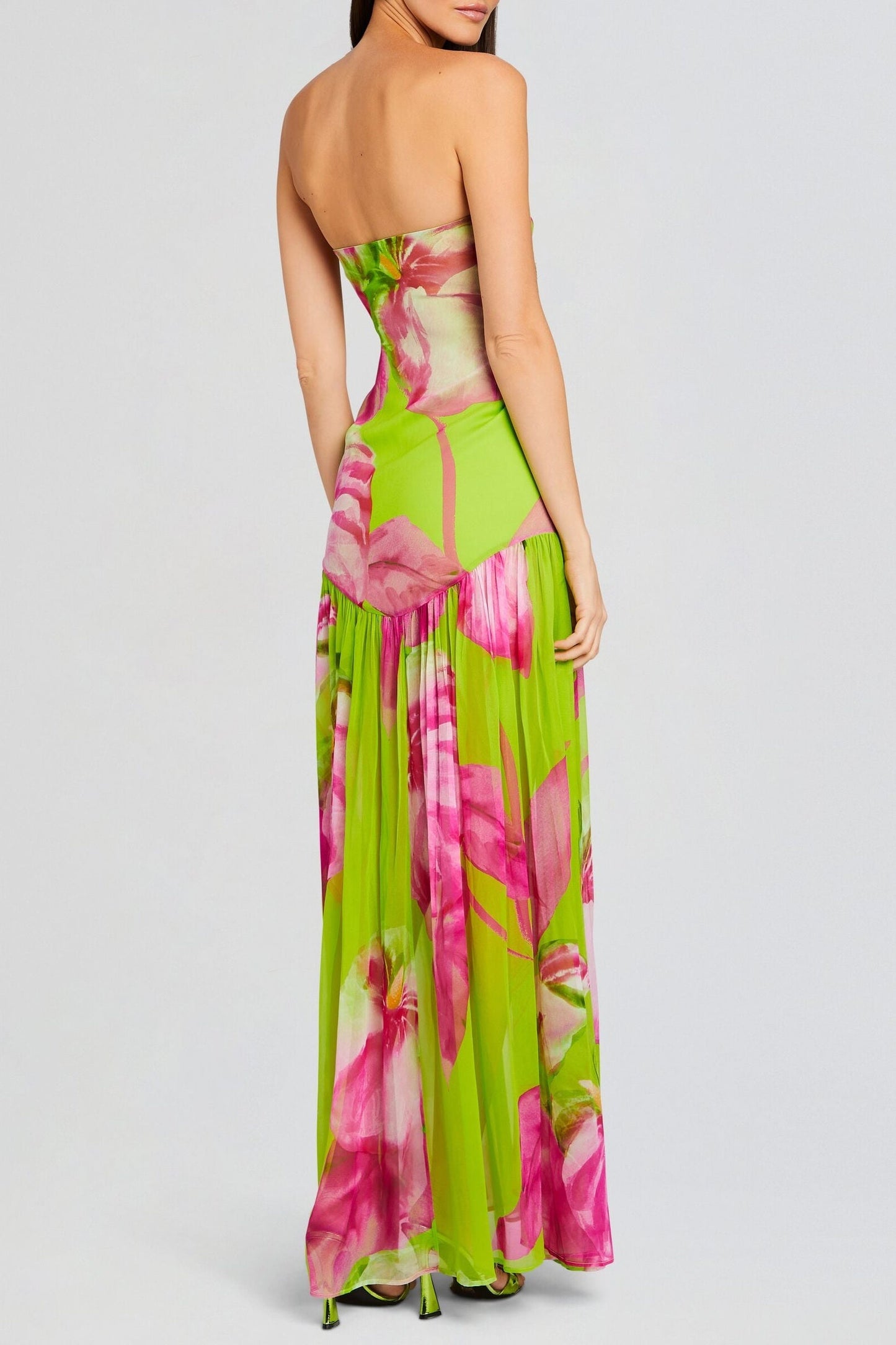 Shmaka Floral Print Strapless Slit Maxi Dress - Green