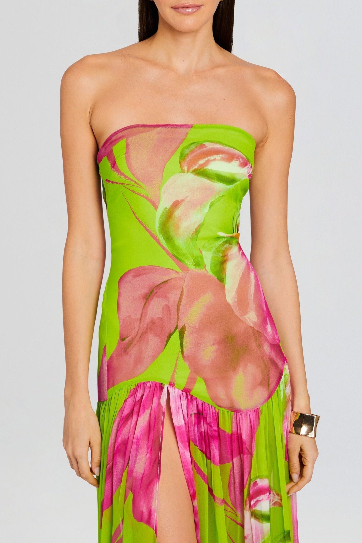 Shmaka Floral Print Strapless Slit Maxi Dress - Green