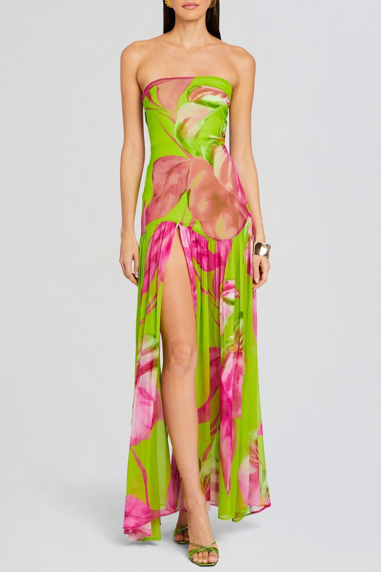 Shmaka Floral Print Strapless Slit Maxi Dress - Green