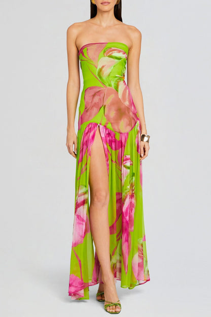 Shmaka Floral Print Strapless Slit Maxi Dress - Green