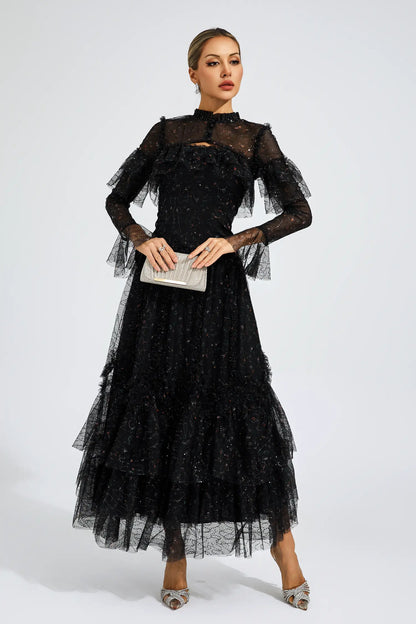 Clapham Black Mesh Floral Dress